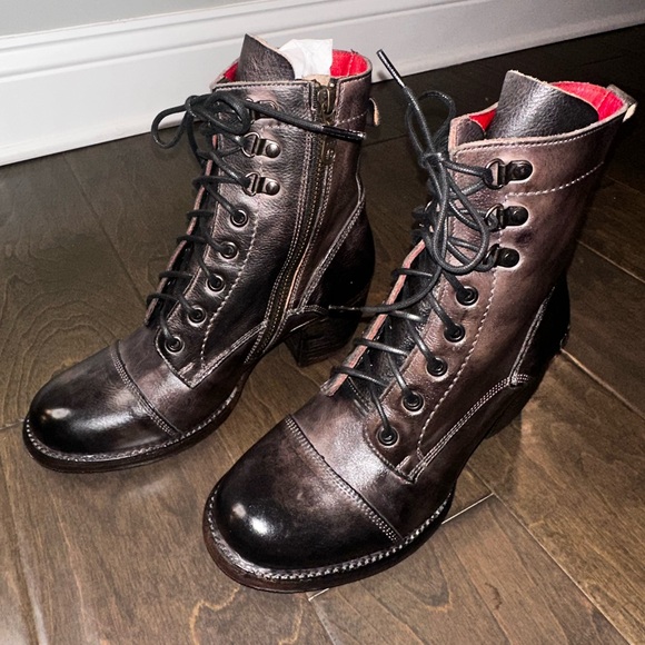 BED|STU Shoes - BED|STU Brown Lace-Up Leather Ankle Boots with Red Lining